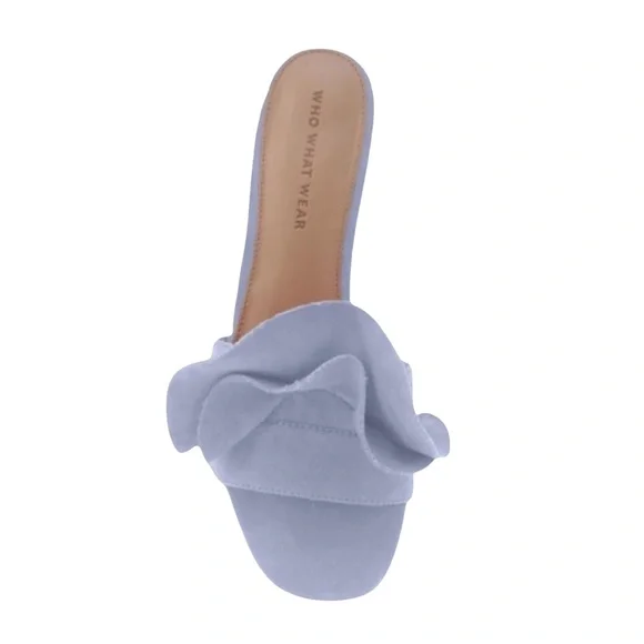 new Who What Wear ꧁ Zadie Ruffled Mule Heels Slide In Sandals ꧂ Blue Vegan Suede - Picture 3 of 16